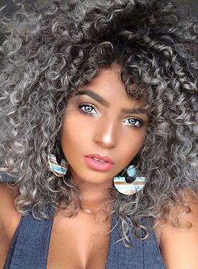 Ombre Hair grey Afro Kinky Curly Synthetic Wigs假发女头套
