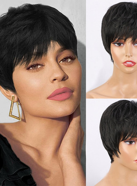 跨境亚马逊欧美假发女士黑色短直发假发套pixie short hair wigs