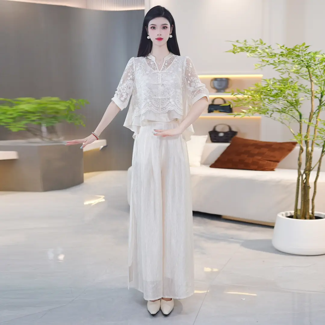 春季蕾丝中袖高腰阔腿女装两件套