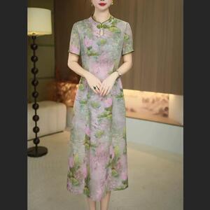 优雅气质印花连衣裙女夏装显瘦减龄盘扣中长裙