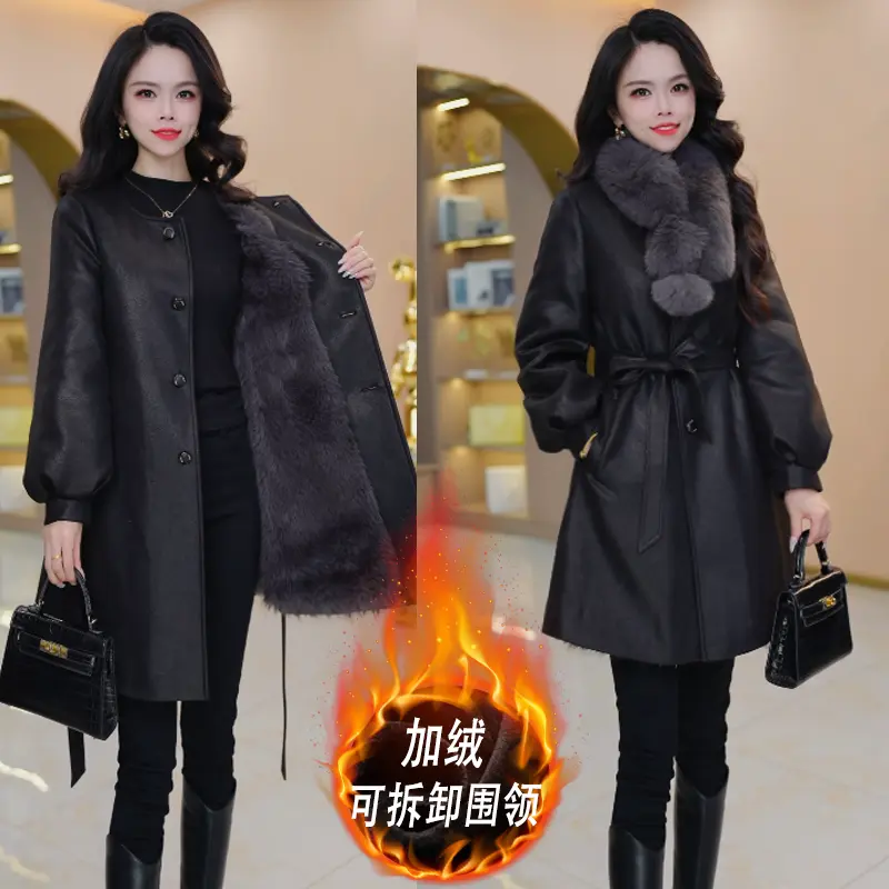 冬季轻熟简约风黑色皮大衣女中长款双排扣围脖加绒加厚保暖外套