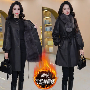 冬季轻熟简约风黑色皮大衣女中长款双排扣围脖加绒加厚保暖外套