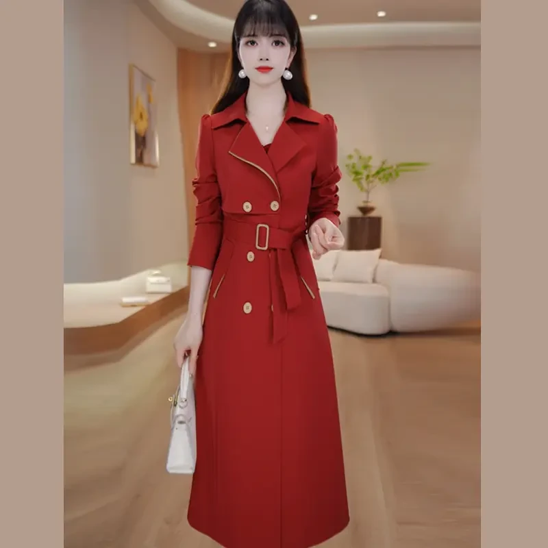 红色双排扣收腰中长风衣女秋季