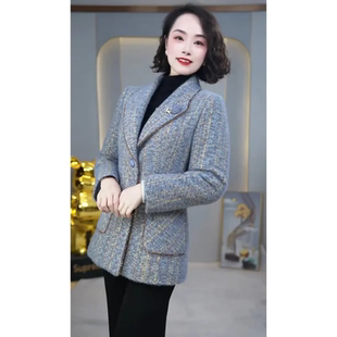 新中式风毛呢外套女中老年灰色翻领修身显瘦气质洋气短款外套