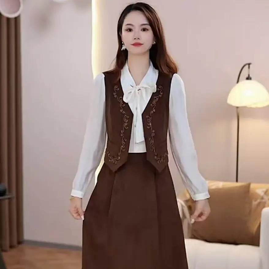 秋季淑女显瘦蝴蝶结衬衫马甲套装