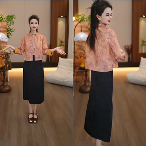 新中式风立领盘扣提花上衣黑色连衣裙套装女秋季国风两件套