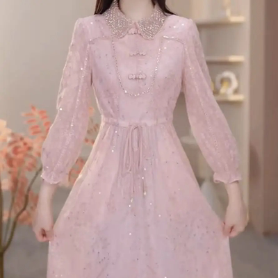 甜美粉色蕾丝收腰显瘦连衣裙