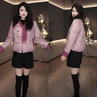 冬季新中式风粉色棉衣女宽松显瘦单排扣保暖短款棉服百搭外套