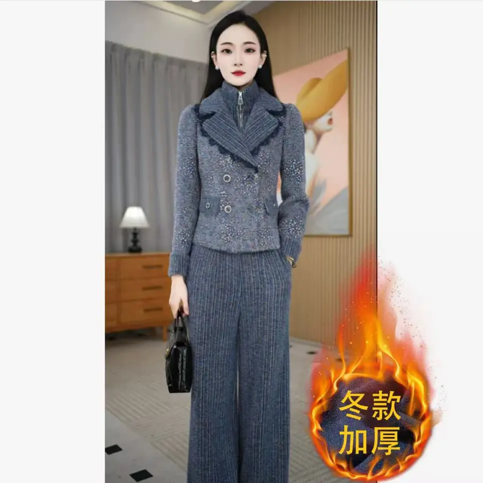 时尚气质上衣+裤子套装女士冬季加厚修身双排扣西装阔腿裤两件套