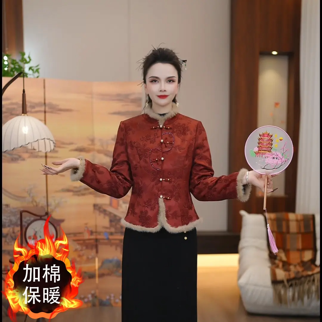 新中式风立领盘扣棉衣修身显瘦加棉保暖棉服红色国风时尚洋气外套