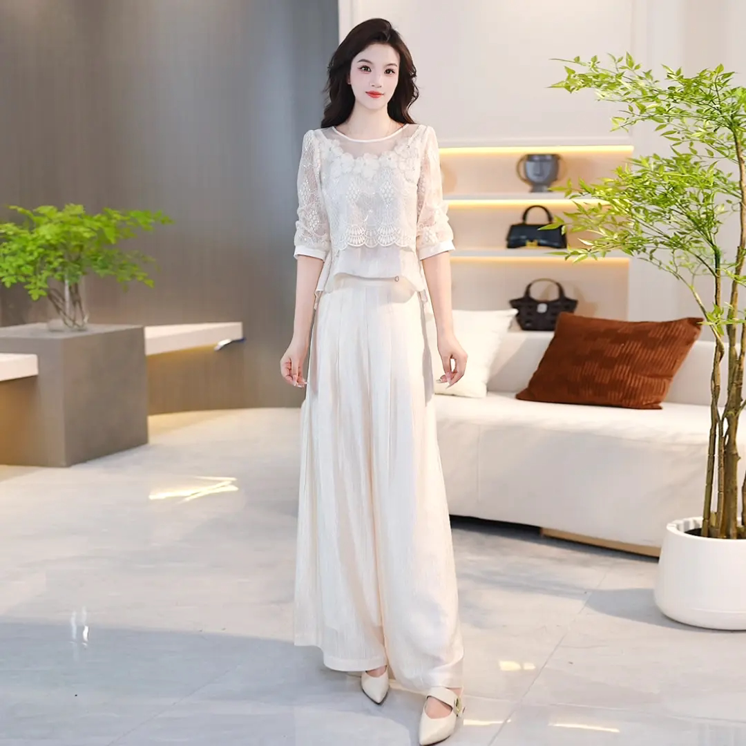 高级感蕾丝拼接上衣+裤子套装春夏轻奢气质显瘦上衣阔腿裤两件套