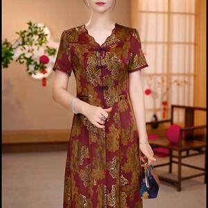 中式复古风连衣裙女2026新款印花V领短袖妈妈礼服高级感