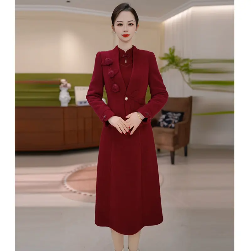 冬季红色两件套秋冬新款外套修身中长裙婚宴夹棉外套+连衣裙套裙