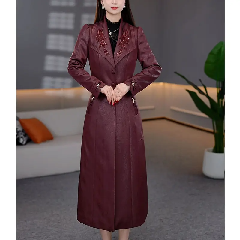 中国风立领刺绣长款外套连衣裙两件套女秋冬修身显瘦高级感套装