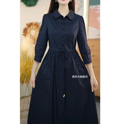 春季通勤翻领显瘦A字连衣裙