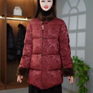 冬季新中式风立领中长款羽绒服女红色毛领盘扣加厚保暖棉衣外套