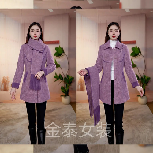 紫色毛呢大衣中长款翻领