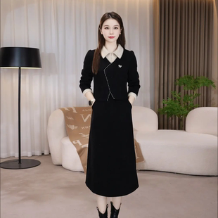 黑色翻领连衣裙女假两件显瘦遮肉气质时尚中长款裙子