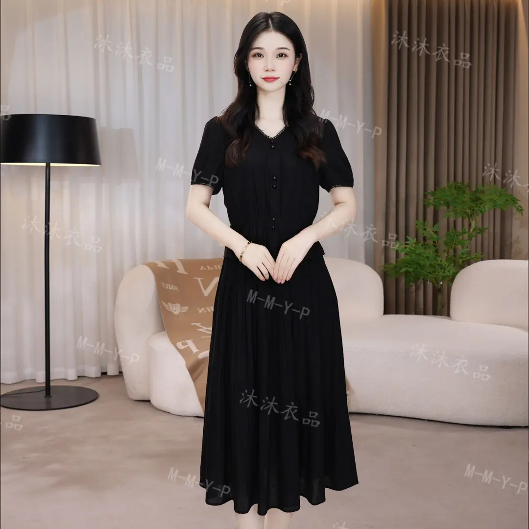 法式优雅风黑色V领连衣裙女士夏季短袖系带收腰显瘦中长款裙子