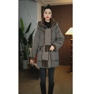 中长款连帽围巾羽绒服女冬季保暖加厚时尚外套大码灰色