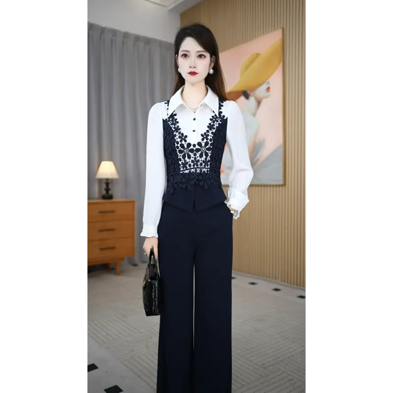 轻奢风假两件套装女2026春秋气质高级感衬衫领蕾丝拼接套装裙