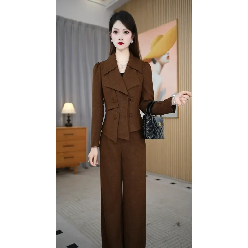 上衣+裤子通勤西装领双排扣两件套女士春季气质显瘦高级感套装