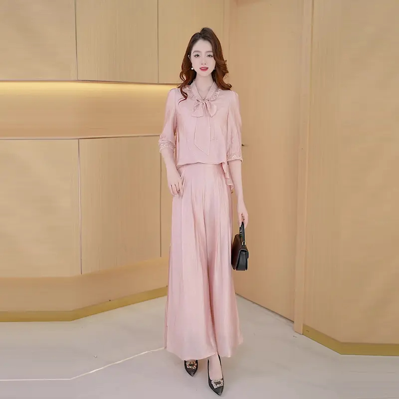 新款时尚气质套装女士春夏季蝴蝶结上衣+阔腿裤两件套显瘦减龄