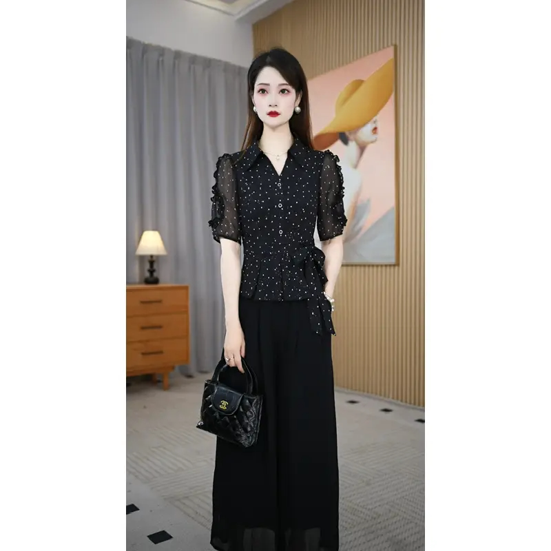 夏季2026新款时尚气质法式轻奢高级感上衣+裤子波点女两件套套装