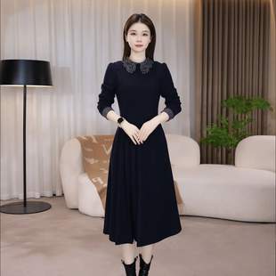 秋冬季优雅气质娃娃领黑色连衣裙女长袖收腰显瘦中长款减龄裙子