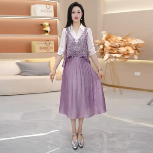 春夏季气质名媛蕾丝拼接连衣裙女士长袖收腰中长款轻奢高级感