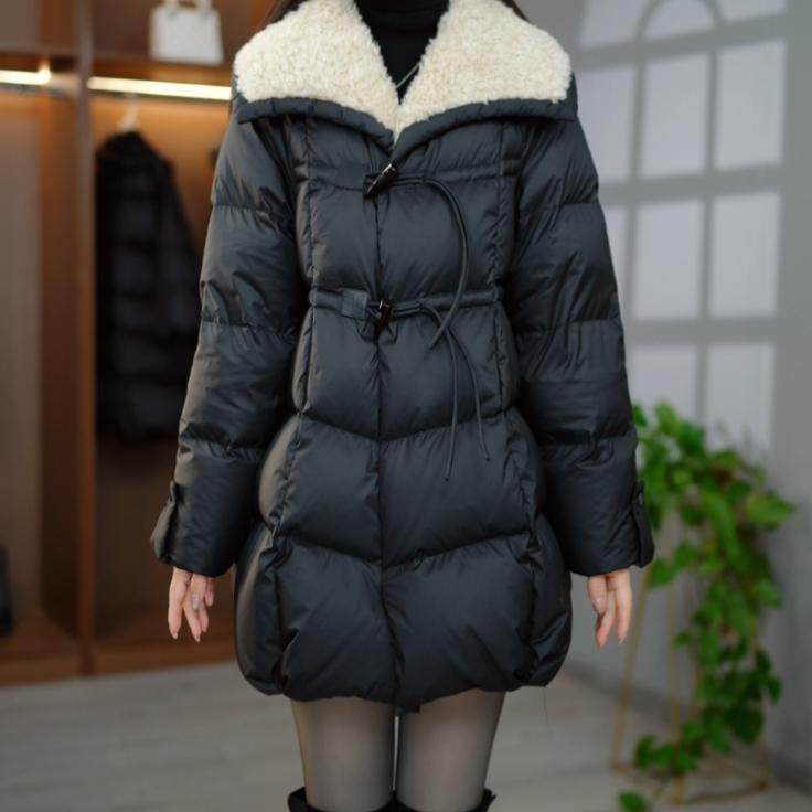 2025新款大毛领羽绒服女中长款黑色收腰显瘦减龄外套