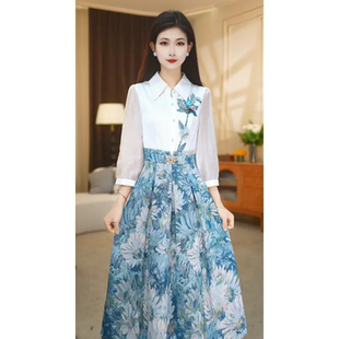 2026新款春季衬衫裙女蓝色碎花A字连衣裙显瘦掐腰油画风气质裙