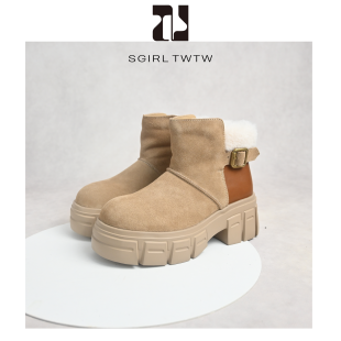 SGIRL TWTW磨砂皮厚底雪地靴2025冬季二棉高跟大头短靴马丁靴女款