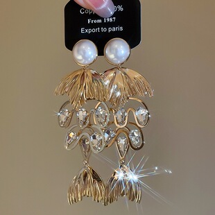 夸张金色鱼尾水滴珍珠耳环轻奢高级感大气耳钉方圆脸耳坠耳饰34