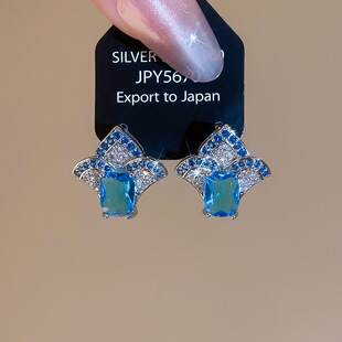 蓝色满钻扇子耳钉超闪雪花耳环女小巧气质精致简约饰品94