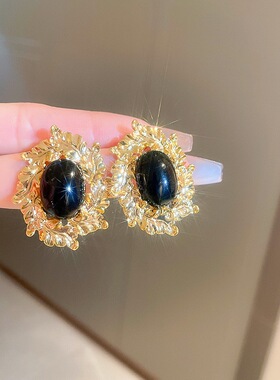 中古风黑色椭圆金属夸张耳环女高级感气质欧美复古宫廷耳钉耳饰69