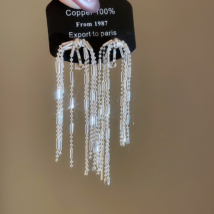 银色长款链条流苏无耳洞耳夹女轻奢高级感晚礼服耳环无耳洞耳饰03