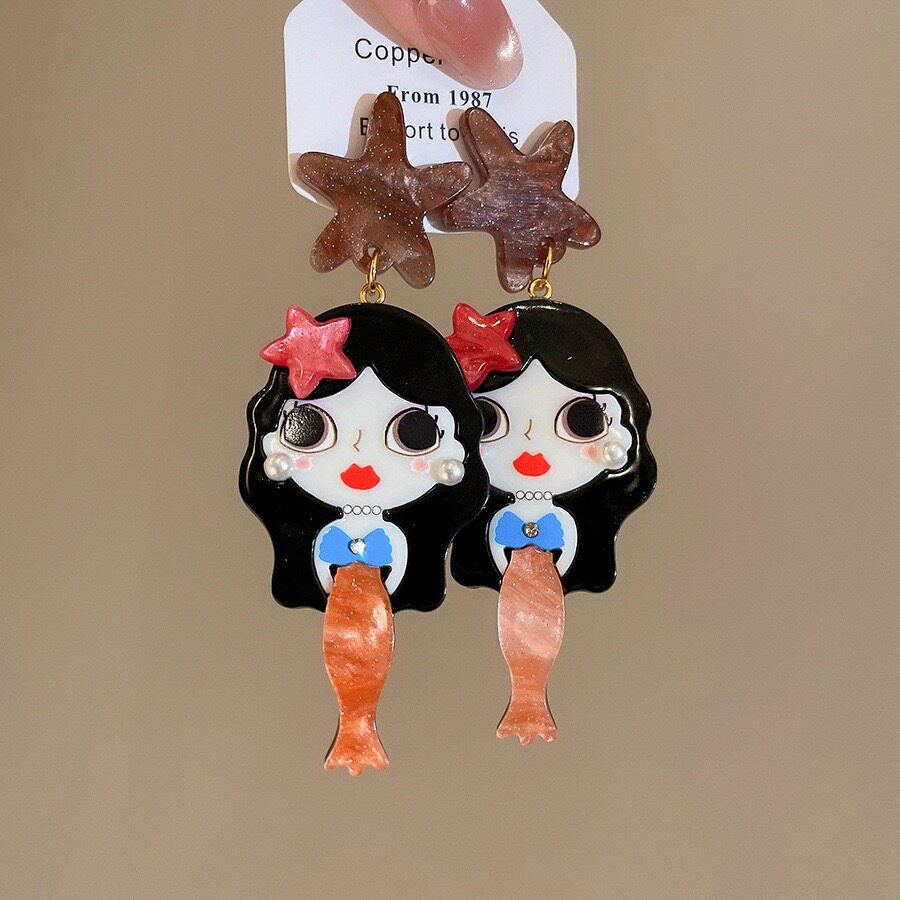 童话少女~甜美可爱卡通美人鱼耳环气质海星女孩耳钉五角星耳饰女8