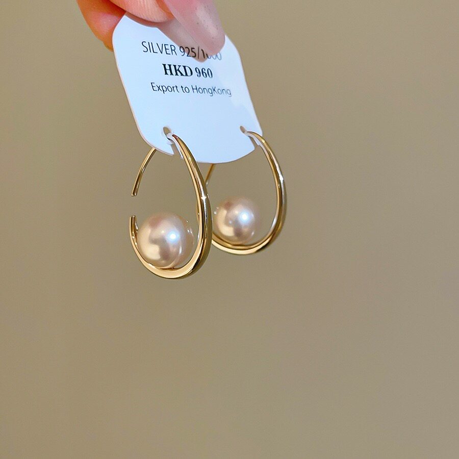 金色椭圆形大颗珍珠圈圈耳环女高级感耳圈适合圆脸的耳饰耳钉29