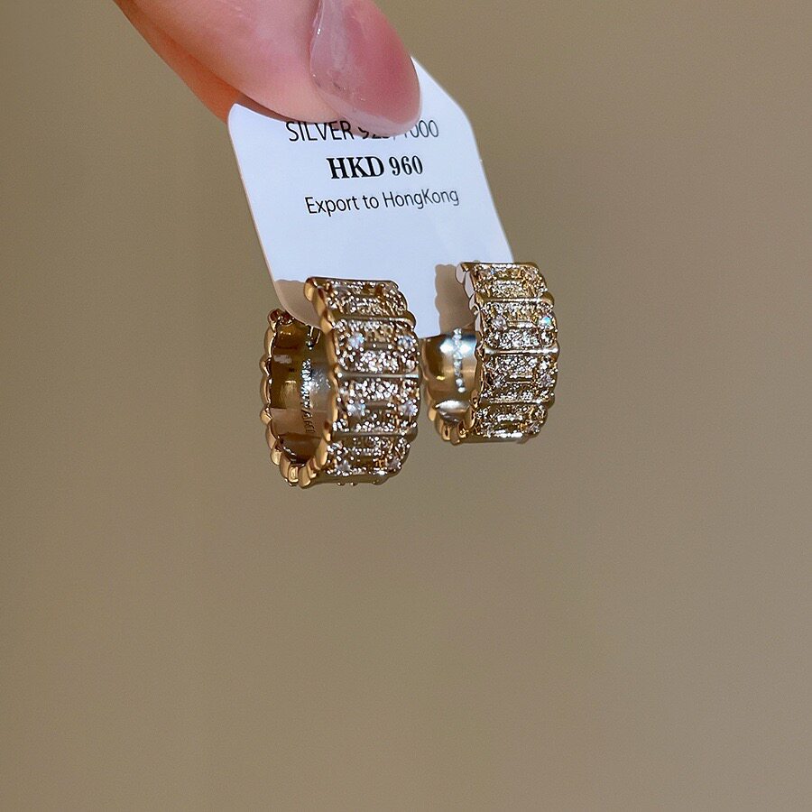 欧美ins风超闪C形咖啡金银色满钻圈圈耳钉女小众设计高级独特耳环