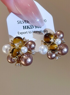 复古香槟色珍珠虎眼石耳环轻奢精致设计感耳钉百搭高级感耳饰0469