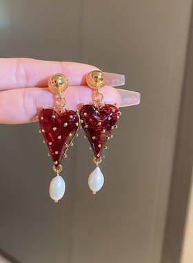 重工复古法式爱心长款vintage红色夸张耳环银针耳饰女27