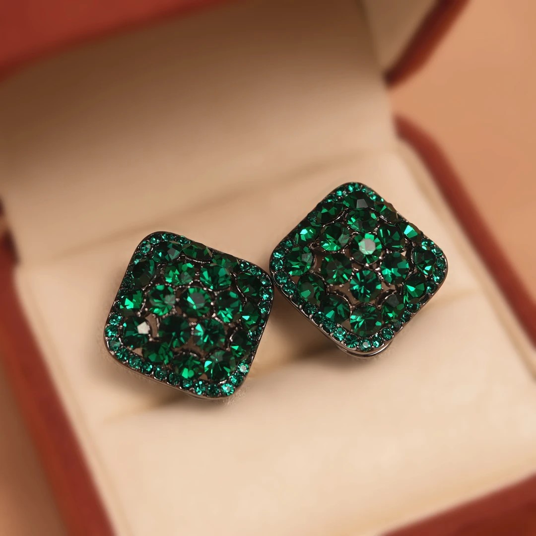 铜合金合成锆石满钻绿色几何耳钉
