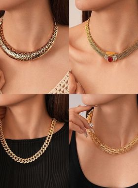 时尚跨境花朵圆形几何项链夸张朋克风锁骨链欧美高级感项饰批发女