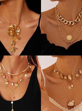 欧美金属花朵几何项链轻奢小众复古vintage手链个性嘻哈风项饰品