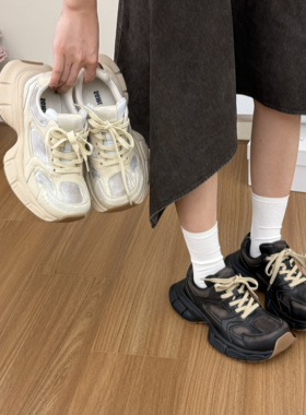 SGIRL TWTW复古风擦色系带厚底老爹鞋女2025新酷帅增高休闲运动鞋