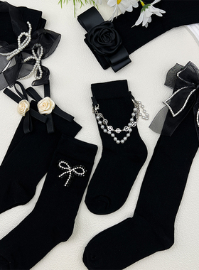 儿童黑色袜子女童秋冬纯棉袜蝴蝶结配小皮鞋中长筒袜潮女宝小腿袜