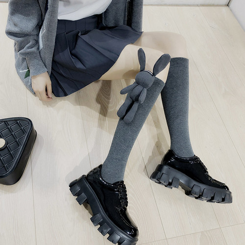 灰色小腿袜立体玩偶兔子纯棉长袜