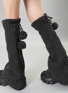 y2k羊毛灰色袜套喇叭型秋冬保暖胖mm粗腿阔腿针织腿套日系小腿袜