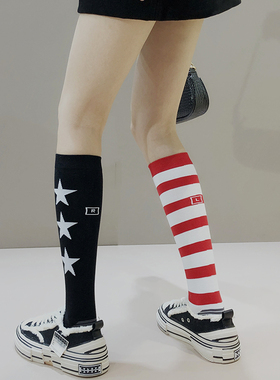 红色条纹小腿袜个性AB袜韩版潮流显瘦女长筒袜堆堆袜春秋中高筒袜